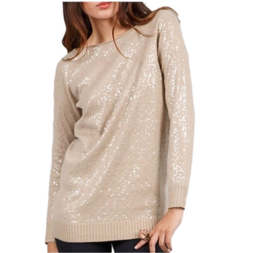 Alice + Olivia Pullover Neutrals Clear Sequin Embellishments Bateau Neckline